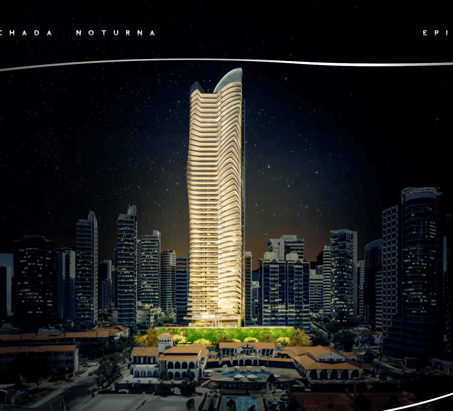 Fachada noturna do EPIC, torre escultural iluminada no Meireles