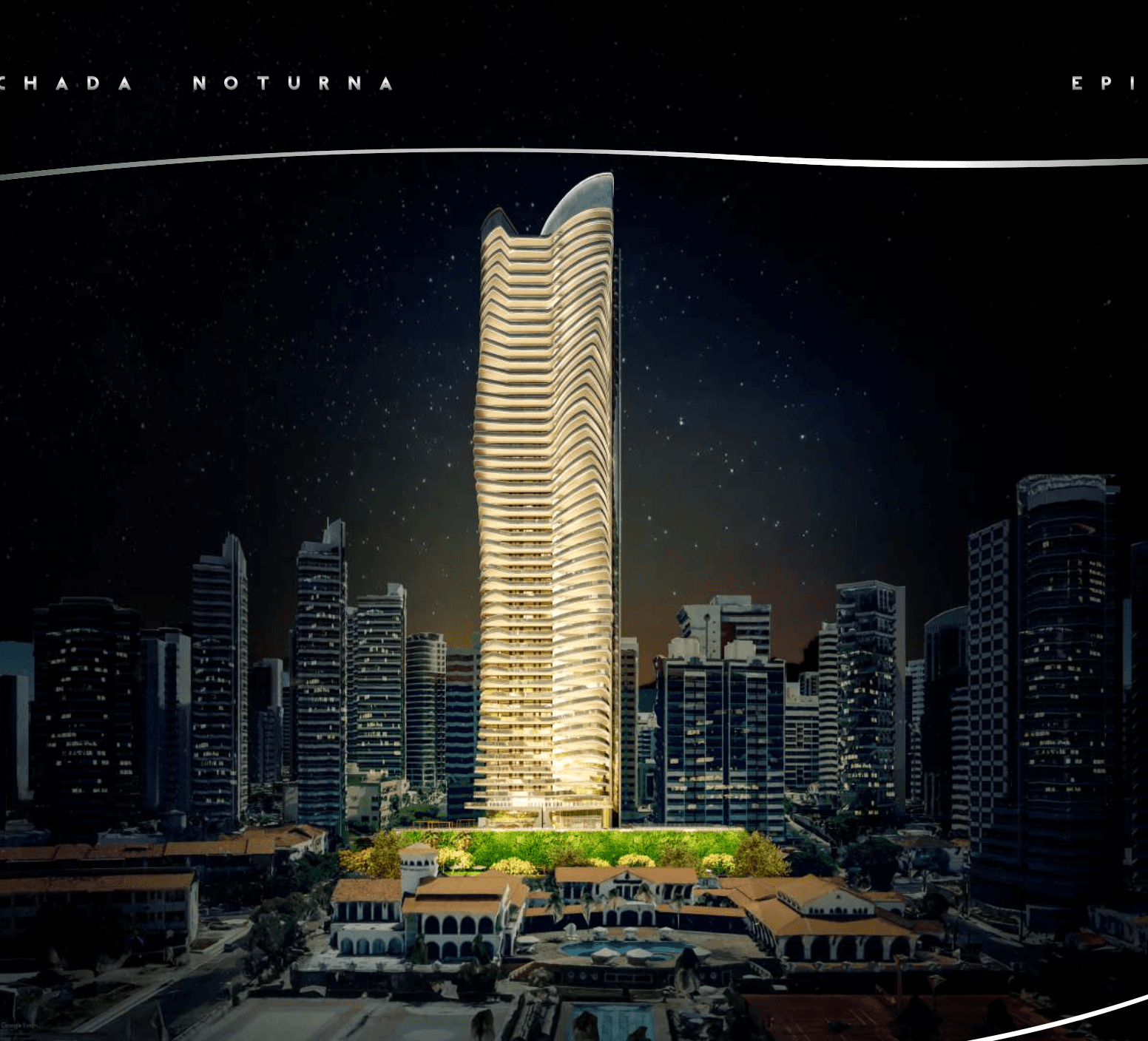 Fachada noturna do EPIC, torre escultural iluminada no Meireles